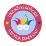 Theatre Jester Mask Round Vinyl Sticker | Roots School of Theatre logo