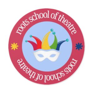 Theatre Jester Mask Round Vinyl Sticker | Roots School of Theatre logo