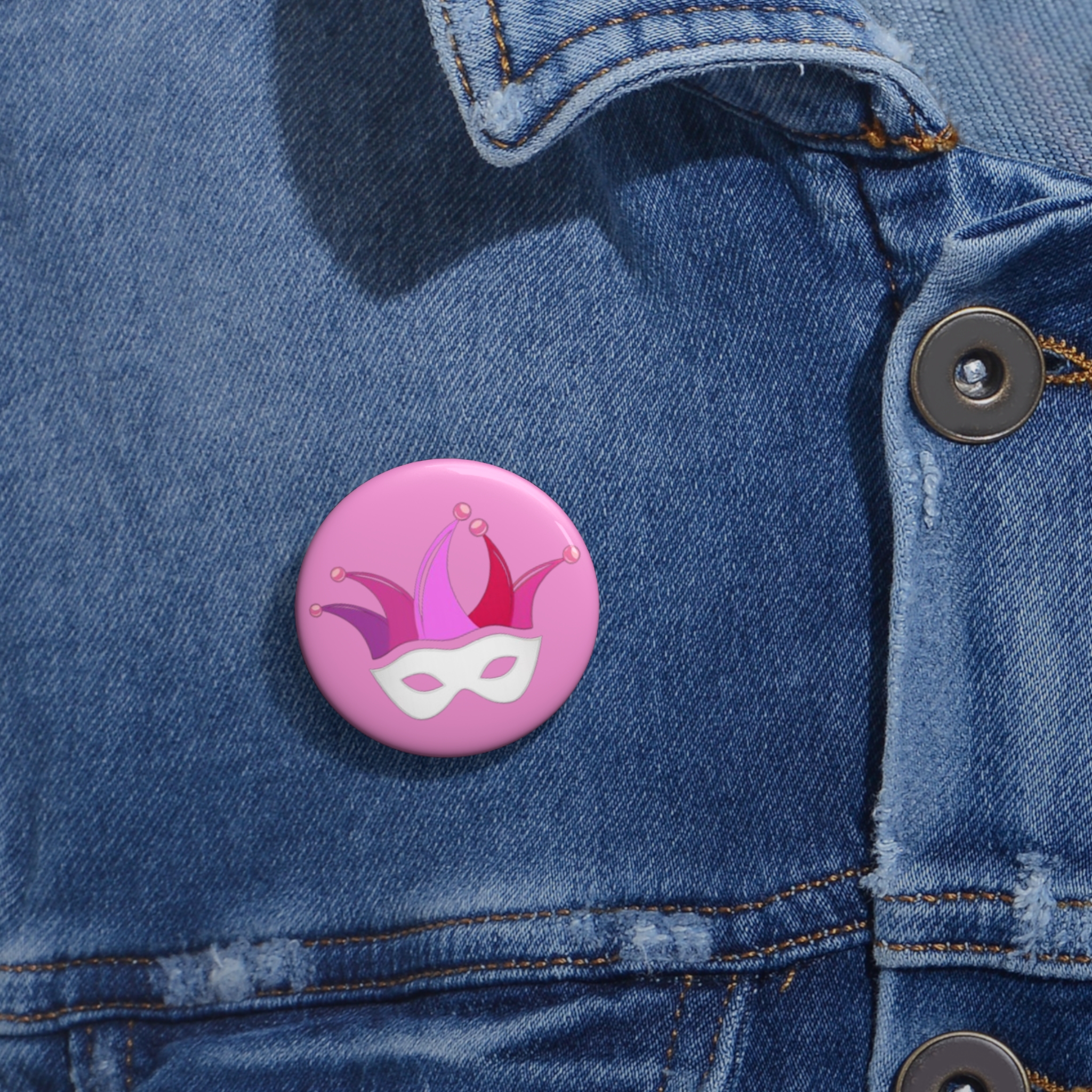Jester Mask Pin Buttons | Pink Carnival Badge, Mardi Gras Costume Accessory - Image 2
