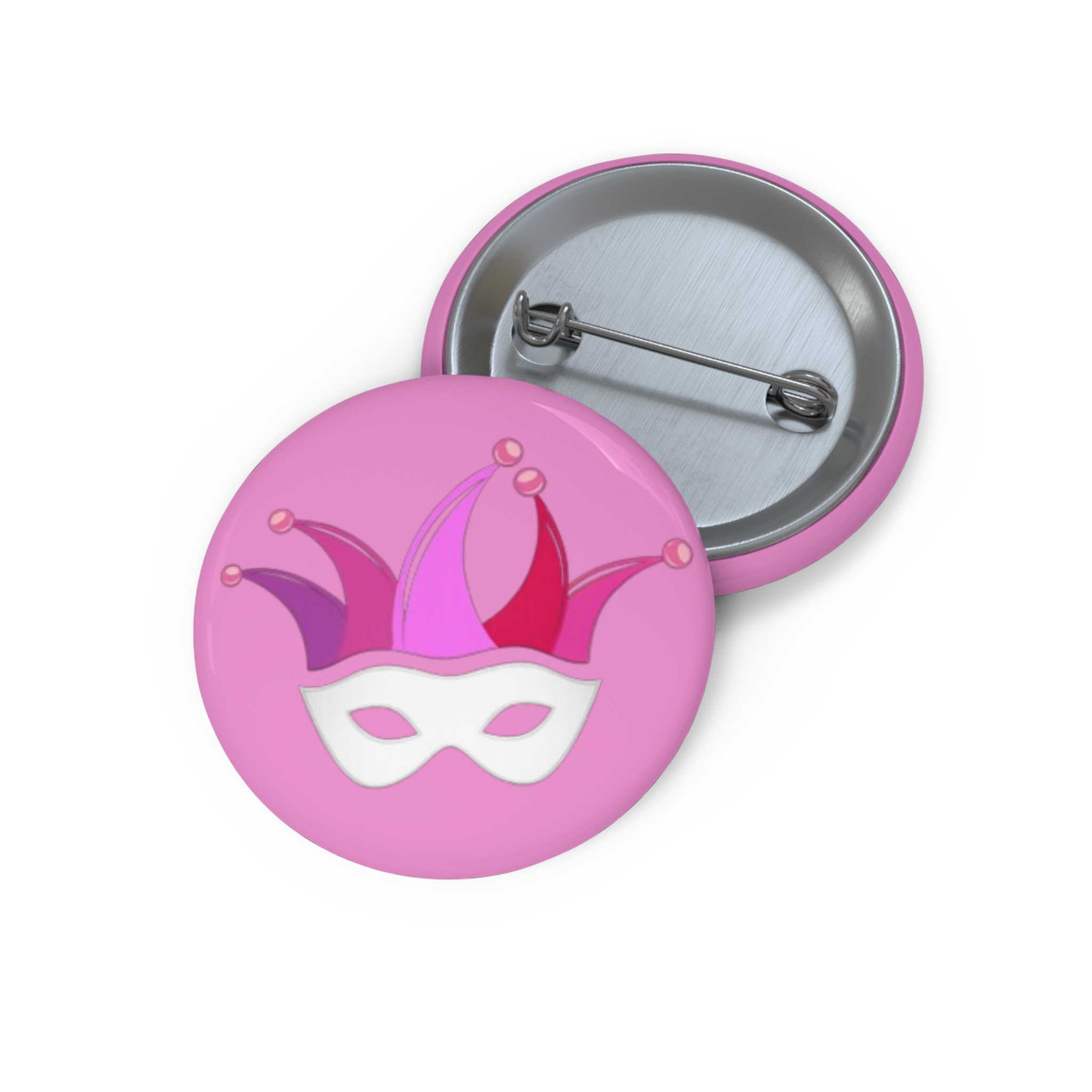 Jester Mask Pin Buttons | Pink Carnival Badge, Mardi Gras Costume Accessory